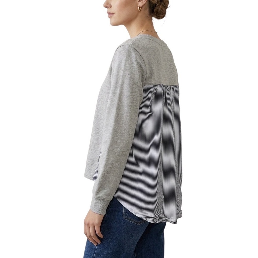 Kensie Jeans Women Grey Mixed Media Striped Back Sweatshirt Coastal Chic Size‎ L